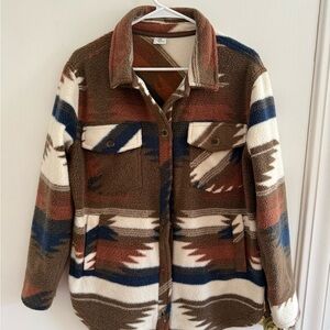 Southwestern Print Sherpa Button-Up Jacket - Brown Rust Navy Cream